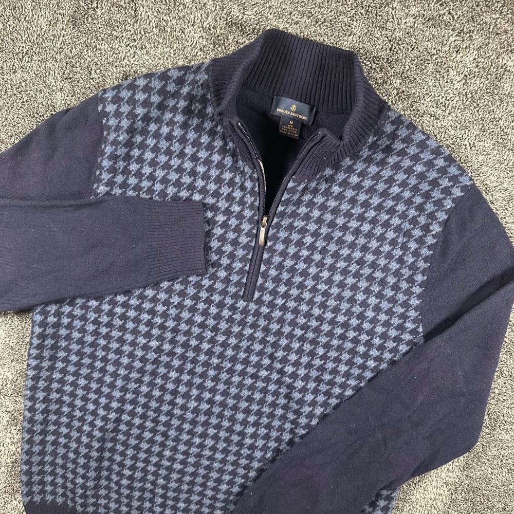 Brooks Brothers Sweater Mens M 1/4 Zip Navy Blue Houndstooth Lambswool Blend